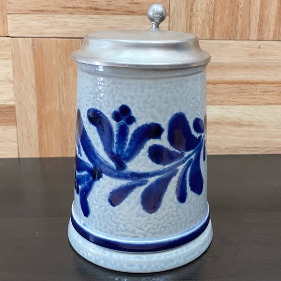 Vintage REIN ZINN 0.5L Blue & White German Stoneware Beer Stein Pewter Mug - Picture 3 of 14